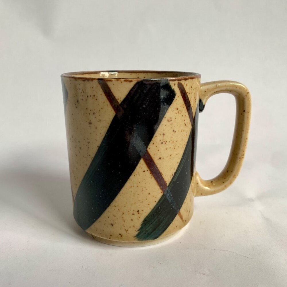 Vintage Japan Brown Cream Speckled Black Stripe Mug